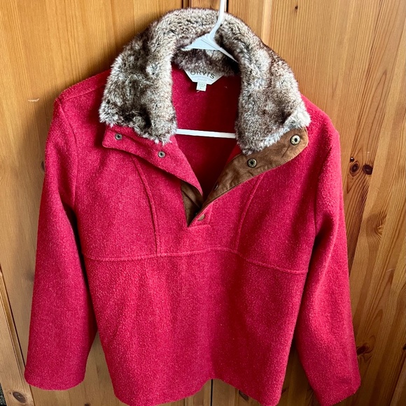 Orvis Fleece Snap Pullover Sweater Faux Fur Collar Womens Size Large - Picture 1 of 5